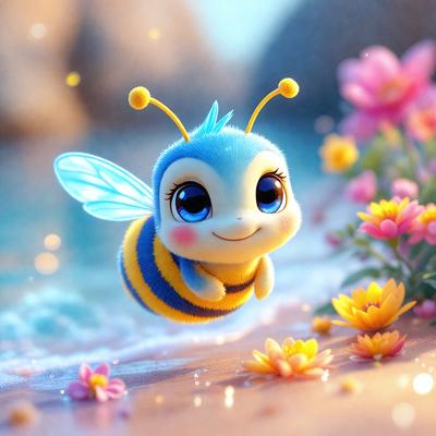 The primary subject of the image is a small, cute, and colorful bee. The bee is flying in the air, surrounded by a beautiful and vibrant flower garden. The setting includes a beach, with a rocky background and a body of water nearby. The visual style of the image is a combination of digital art and illustration, creating a whimsical and lively atmosphere. The colors and mood of the image are predominantly bright and cheerful, with the bee and flowers adding a sense of